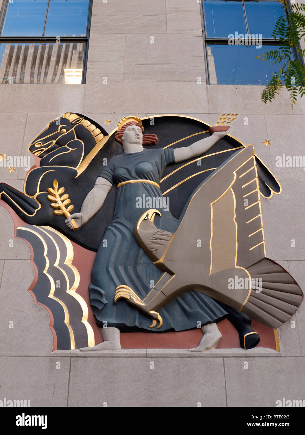 Art Deco decoration on facade of Rockefeller Center in Manhattan in New York City USA Stock Photo