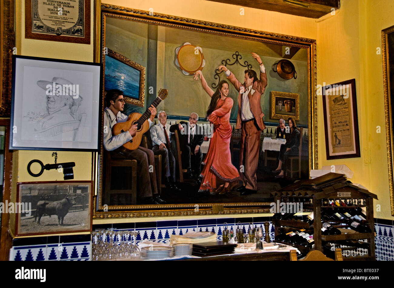 Malaga Spain Andalusia Restaurant bar Pub Cafe  painting Flamenco dance dancing. Stock Photo