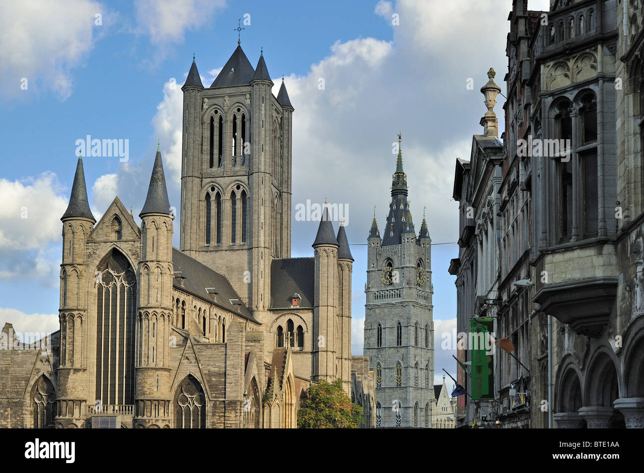 The Saint Nicholas' church / Sint-Niklaaskerk and the belfry at Ghent, Belgium Stock Photo