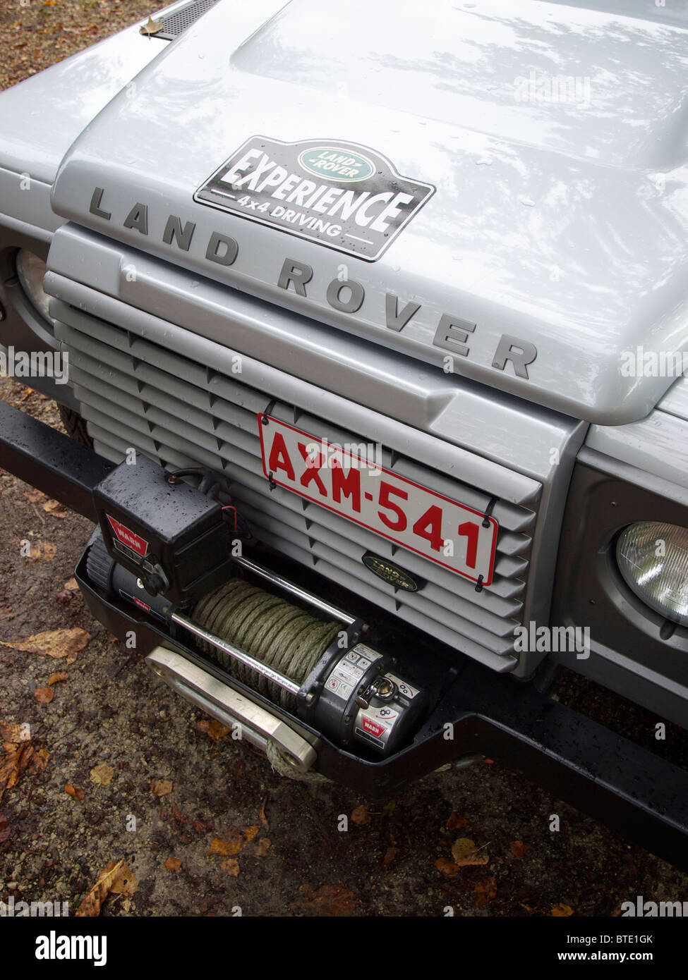 Winch mounted on the front of a Land Rover Defender vehicle, Belgium Stock Photo