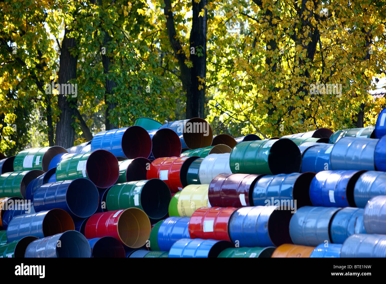 Used steel barrels, in stock Stock Photo Alamy