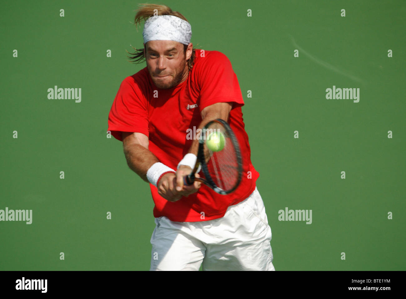 George Bastl of Switzerland returns a serve during a qualifying match at the Legg Mason Tennis Classic July 28, 2007. Stock Photo