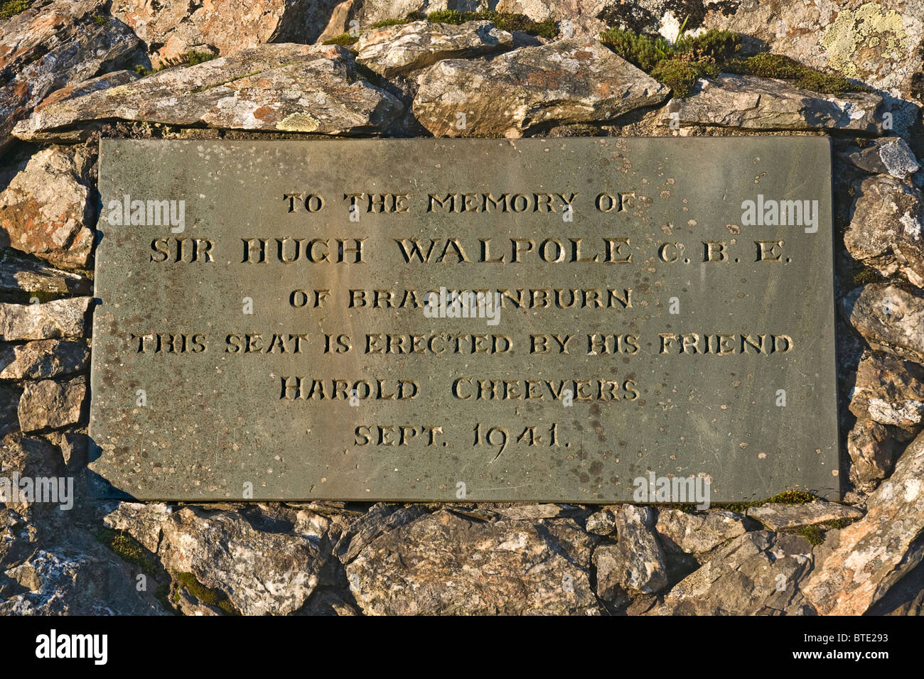 Memorial to Sir High Walpole situated on the slopes of Catbells above the house where he lived. Stock Photo