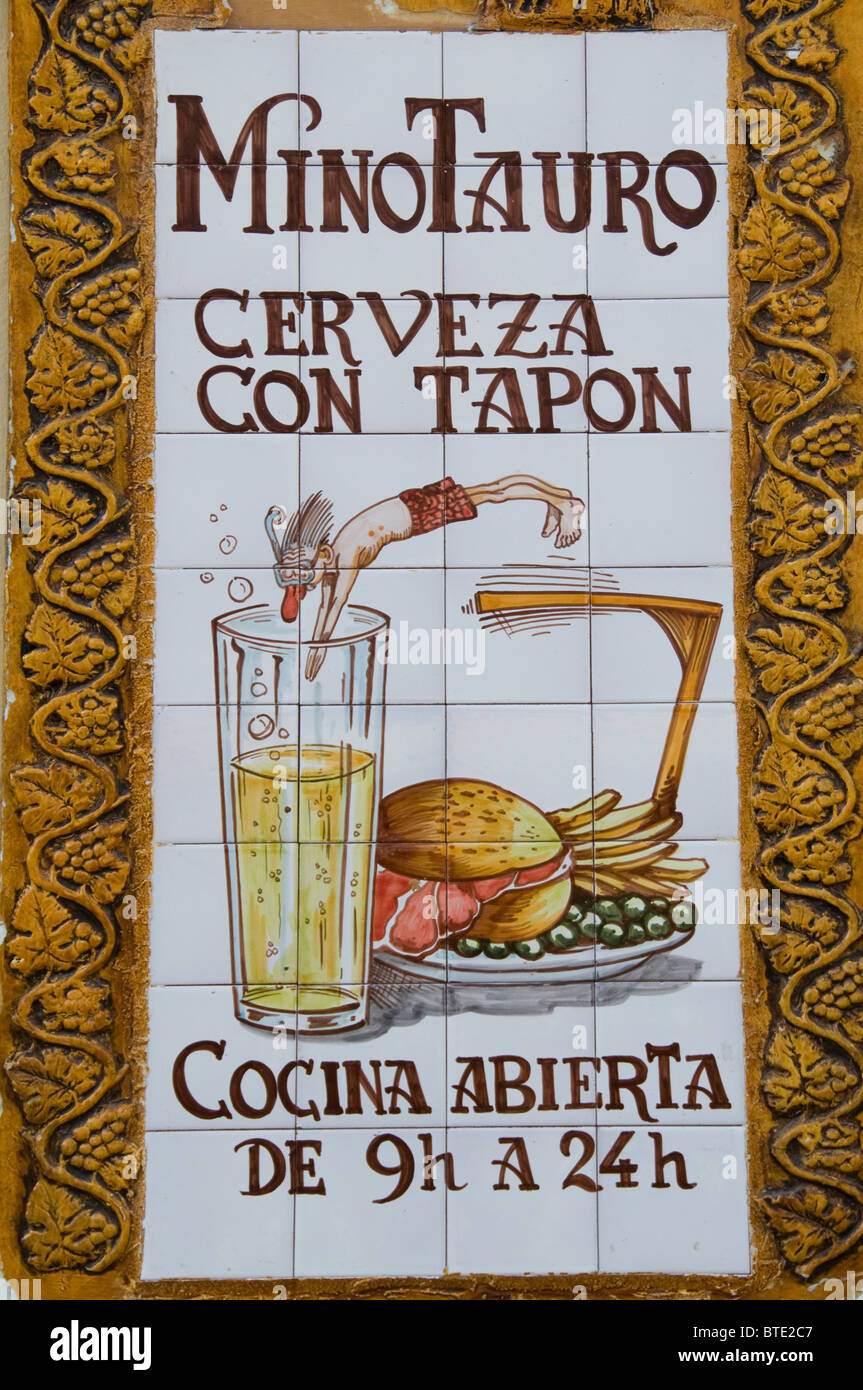 Seville Spain Andalusia Beer Sign Swimming pool menu  bar pub bar restaurant Stock Photo