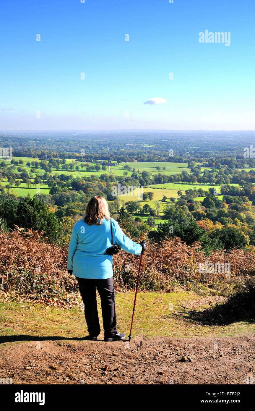 View from Pitch Hill , Surrey with walker in foreground Stock Photo
