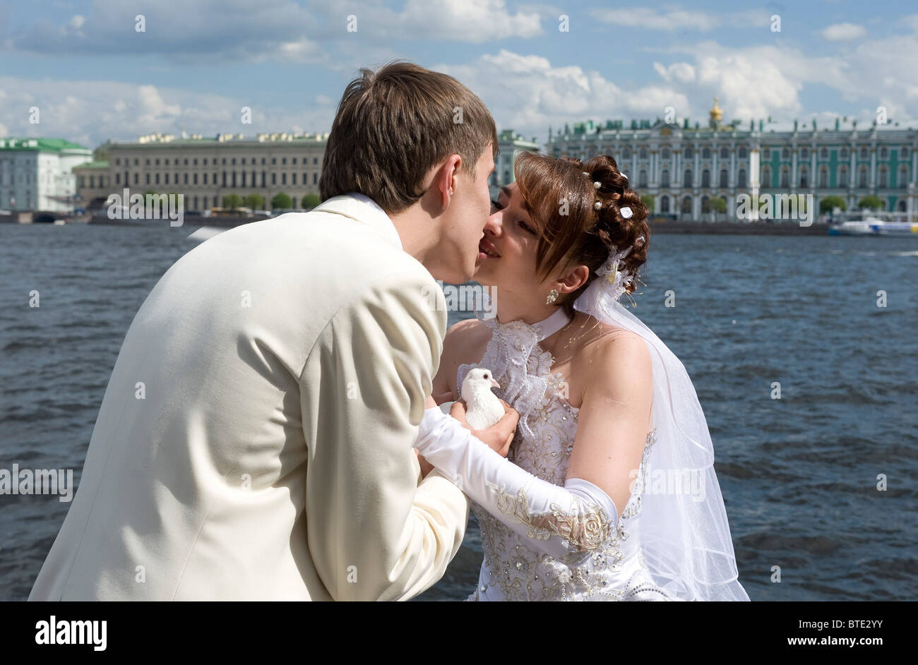 A bridal couple by the Neva River, Saint Petersburg, Russia Stock Photo
