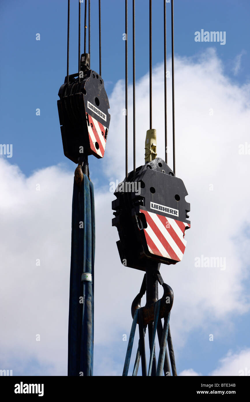 2 big crane hooks, of a mobile crane Stock Photo Alamy