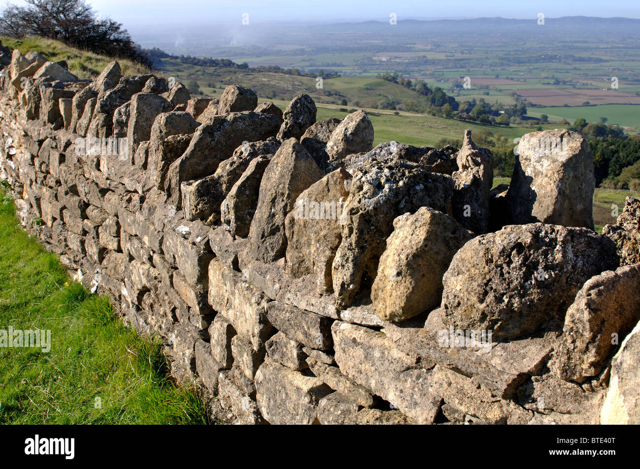 Dry stone wall on Bredon Hill, Worcestershire, England, UK Stock Photo