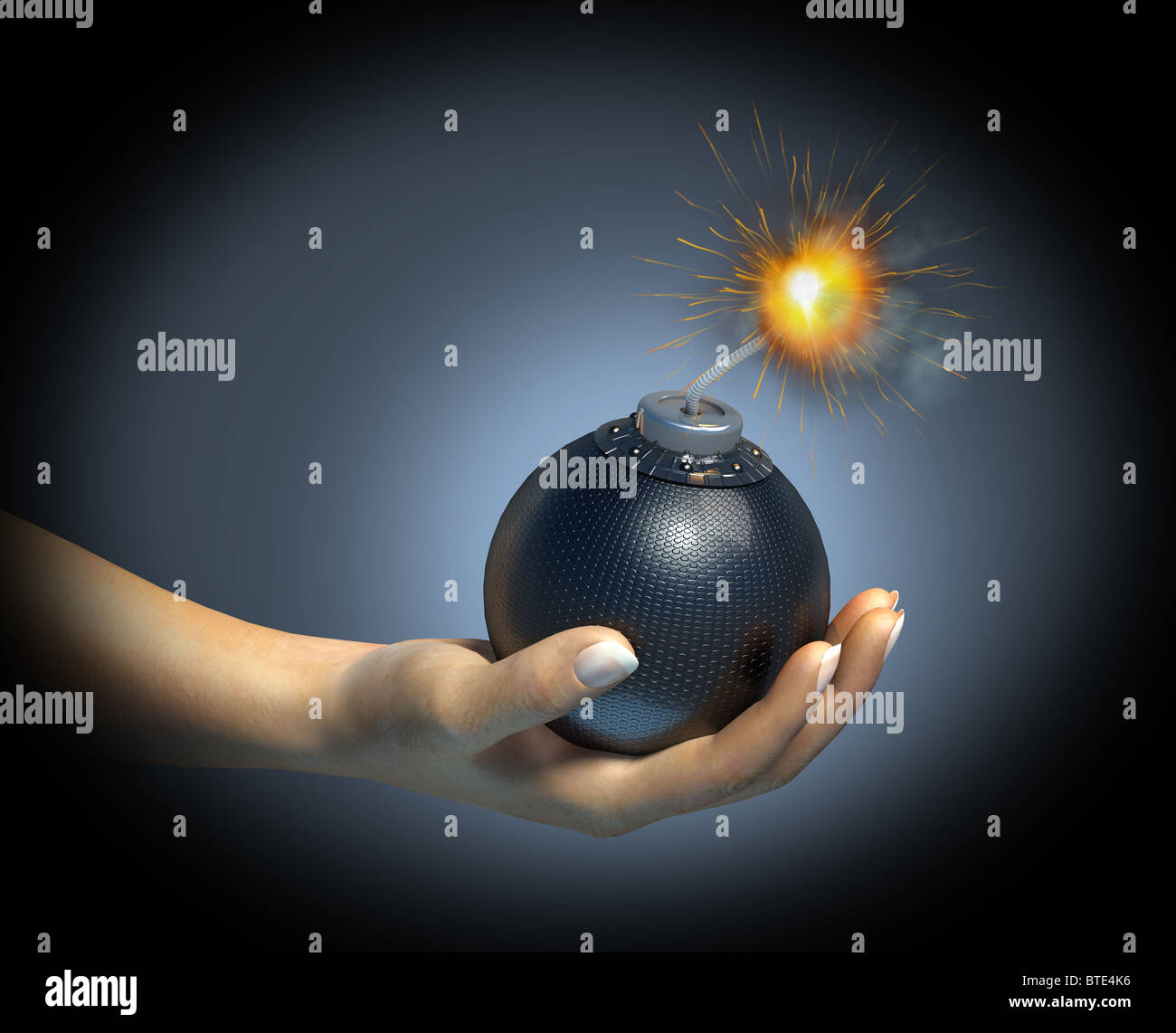 Human hand holding a bomb with burning fuse, on dark background. Stock Photo