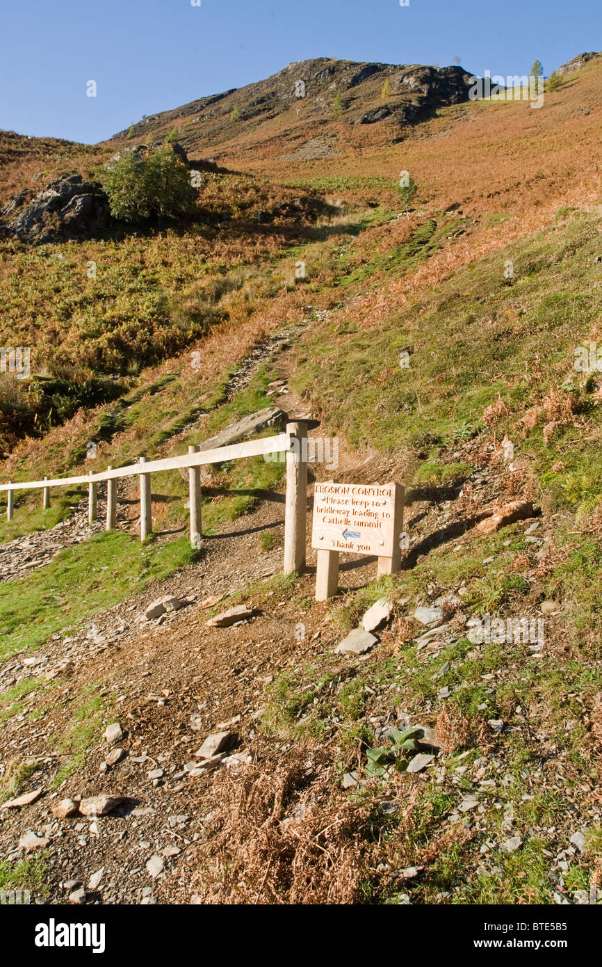 Footpath on Catbells, in the Lake District, closed because of erosion caused by walkers. Stock Photo