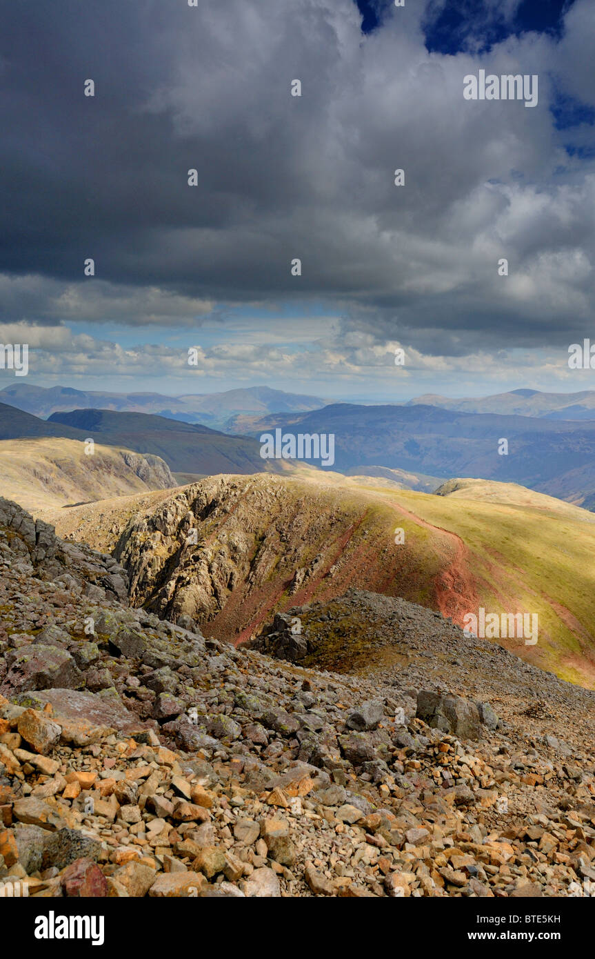 View on a stormy day from Great Gable towards Green Gable in the English Lake District Stock Photo