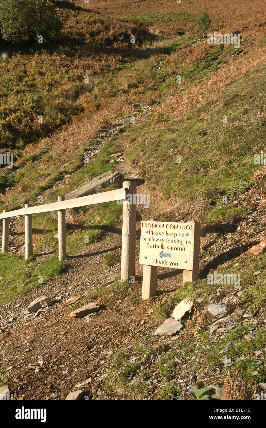 Footpath on Catbells, in the Lake District, closed because of erosion caused by walkers. Stock Photo