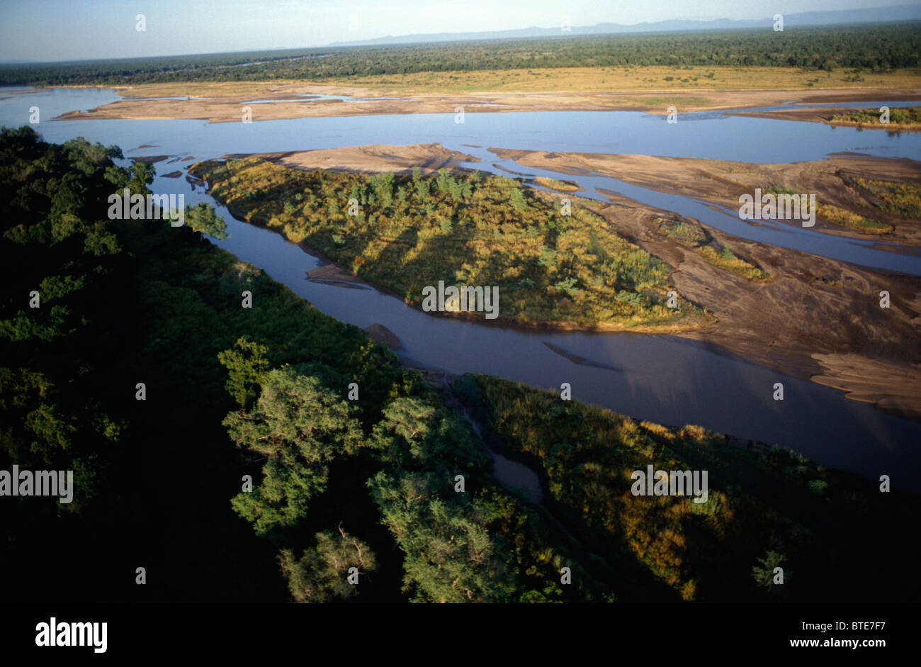 An aerial view over the Luangwa River one of the massive African rivers in Zambia Stock Photo