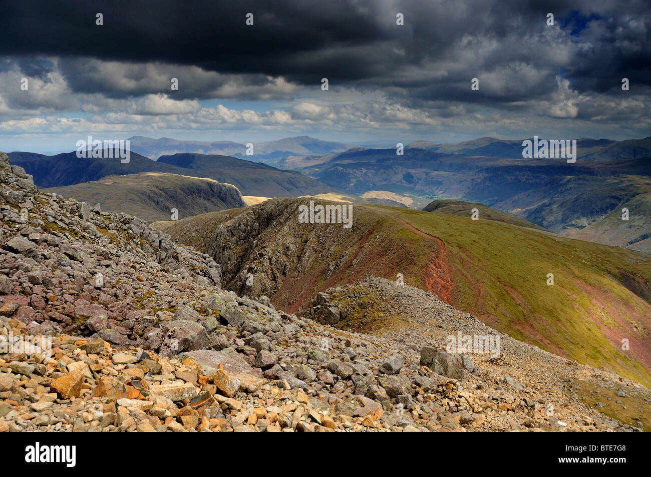 View on a stormy day from Great Gable towards Green Gable in the English Lake District Stock Photo