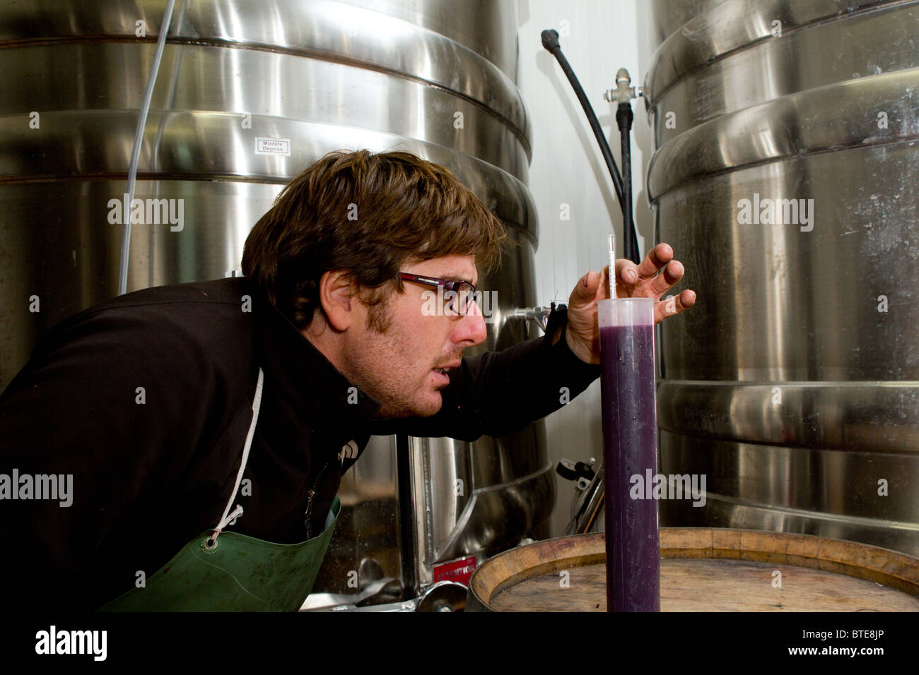 Man using a hydrometer to measure the specific gravity of red wine in a wine making factory in Spain Stock Photo