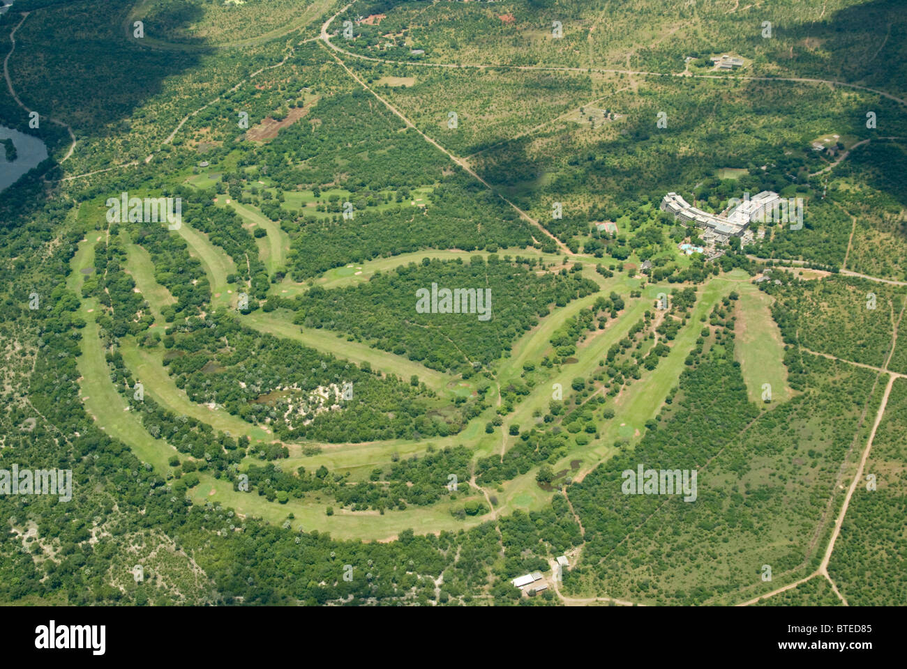Aerial scenic view of the golf course and Elephant hills hotel near Victoria Falls Stock Photo