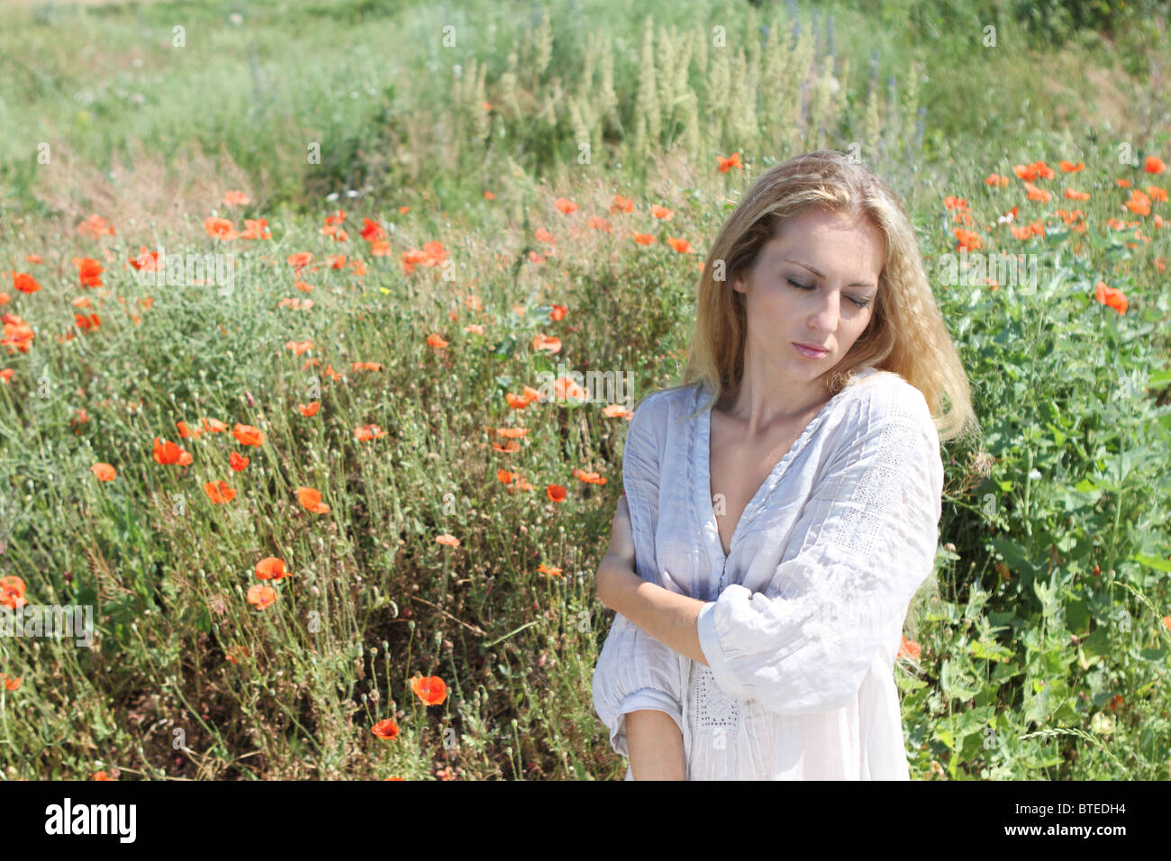 Beautiful blond girl in the poppy field Stock Photo - Alamy