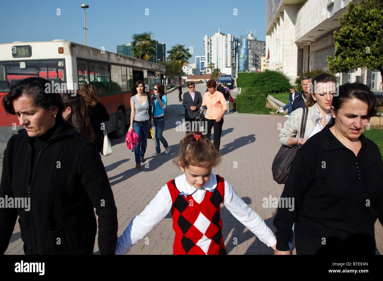 A girl goes to school in Tirana, the capital of Albania. Stock Photo