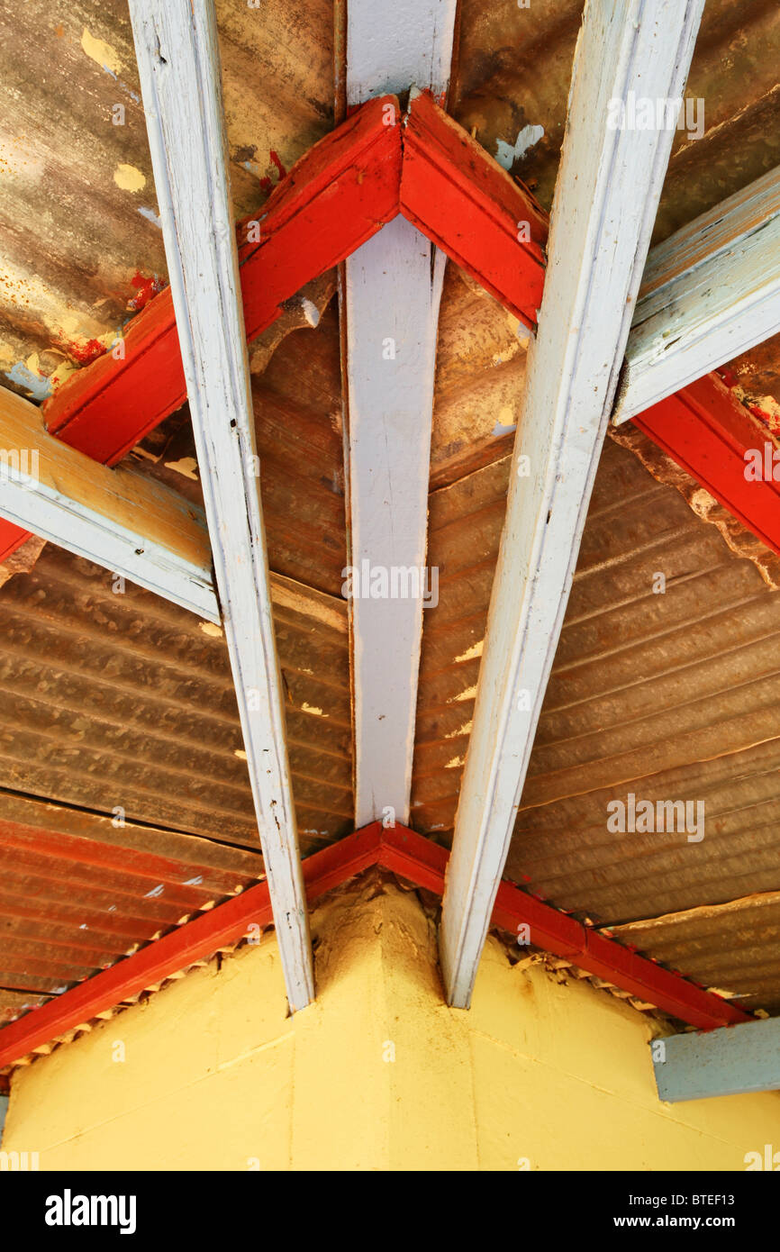 Painted roof beams and corrugated iron roof- Lunsklip Lodge Stock Photo