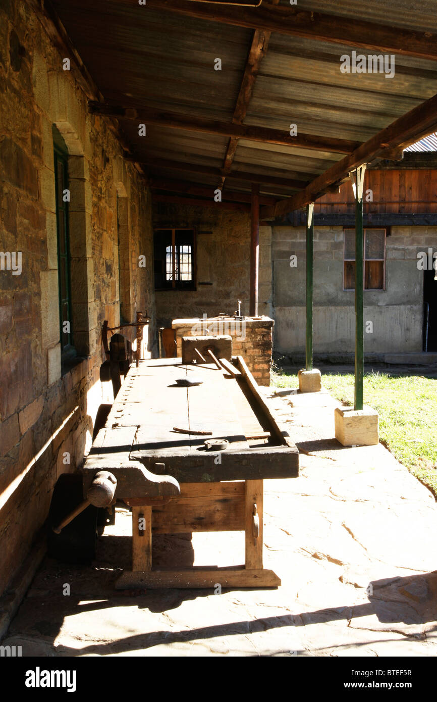 Old wooden workbench at the Reichenau Mission Stock Photo