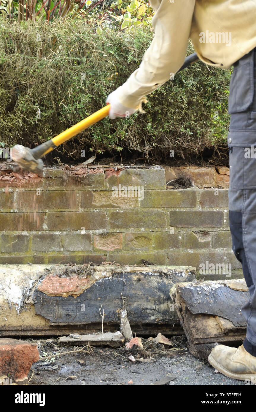 Knocking down old brick garden wall with hammer. Stock Photo