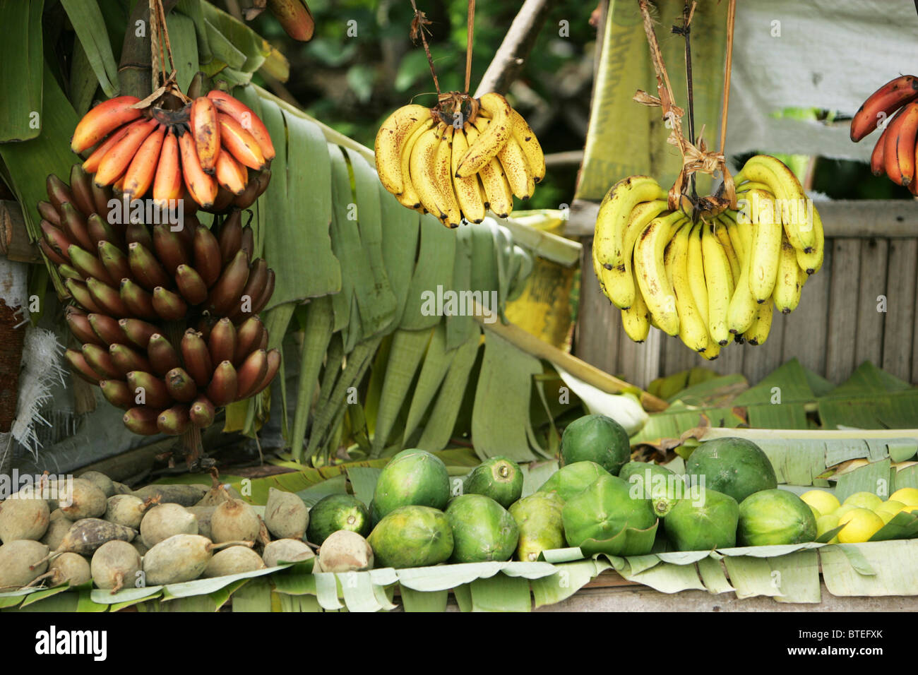 Banana and fruit on display at a rural stall Stock Photo