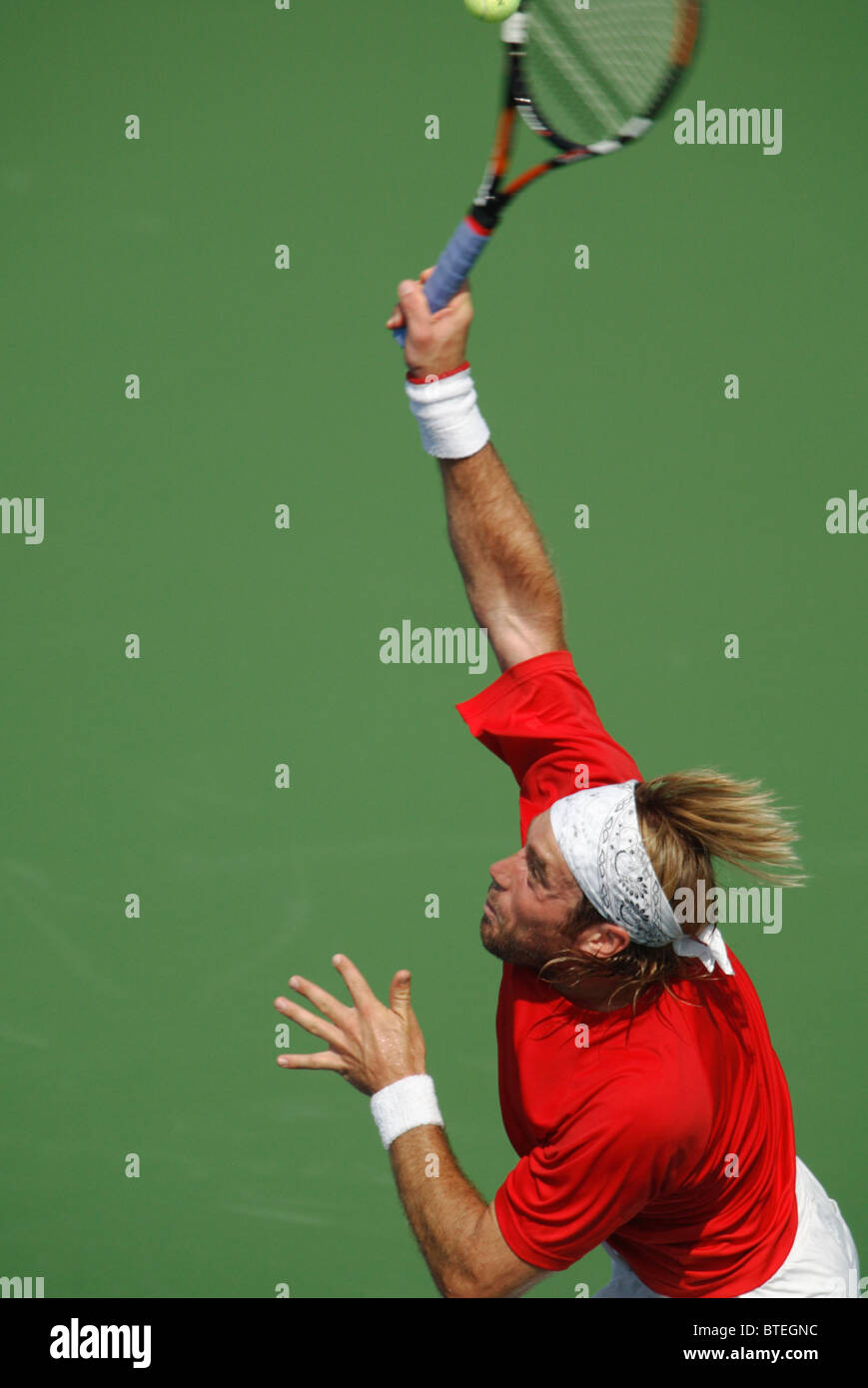 George Bastl of Switzerland serves during a qualifying match at the Legg Mason Tennis Classic July 28, 2007 Stock Photo