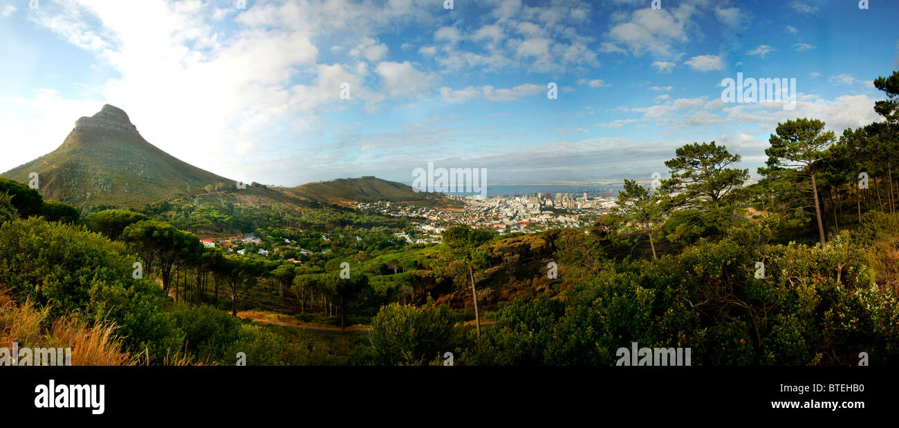 A view of the city of Cape Town from the slopes of Table Mountain with Lions Head on the left. Stock Photo