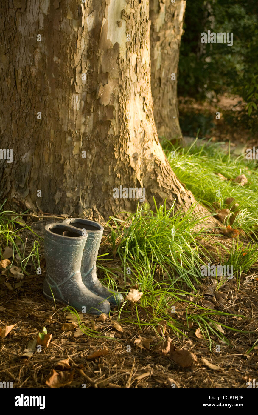 Rain boots serve as a planter and decor in the garden Stock Photo Alamy