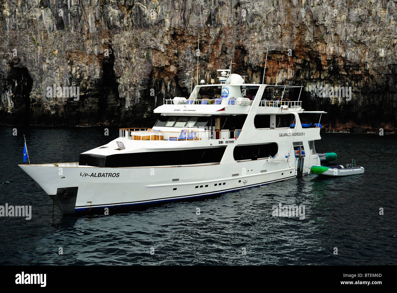 Diving boat anchored near Wolf island, Galapagos. Stock Photo