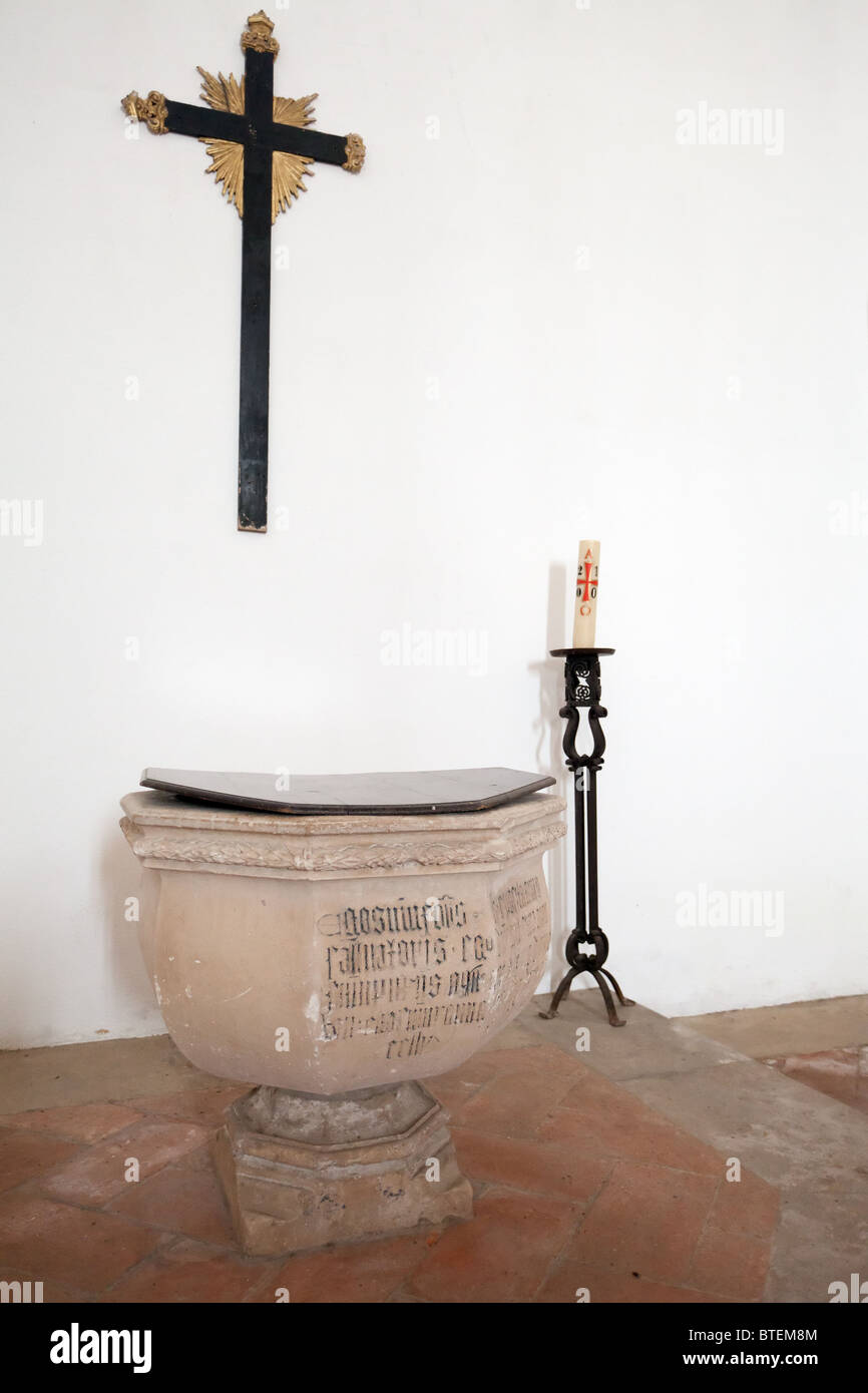 Baptismal Font in Santa Clara Church in the city of Santarém, Portugal. 13th century Mendicant Gothic Architecture. Stock Photo