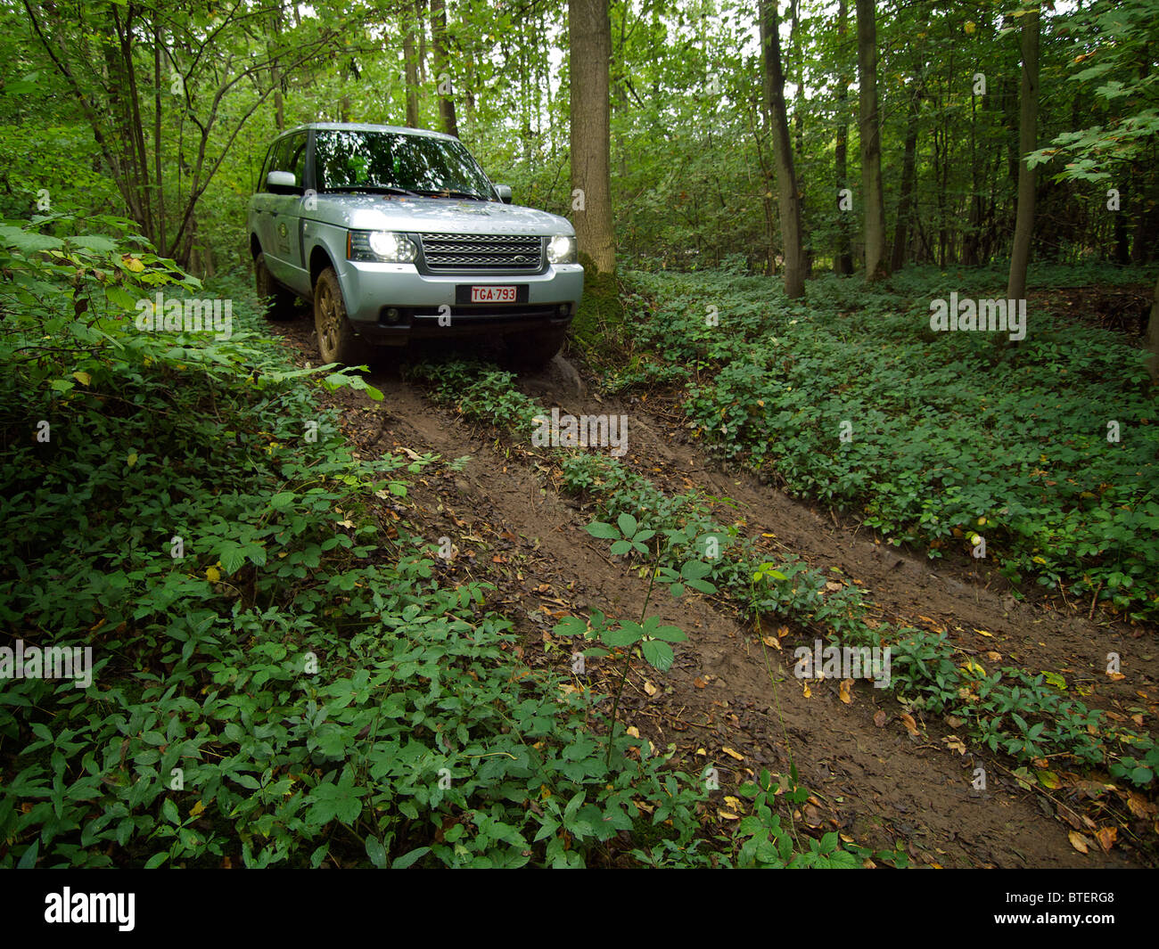 Range Rover vogue driving along a very muddy path in the forest at Domaine d'Arthey estate, Belgium Stock Photo