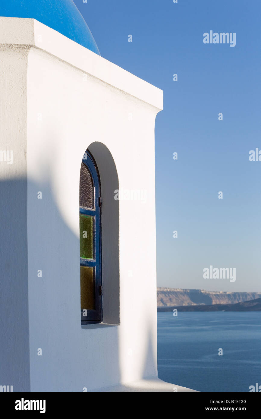 Oia (Ia), Santorini Island, Greece, church overlooking the sea Stock Photo