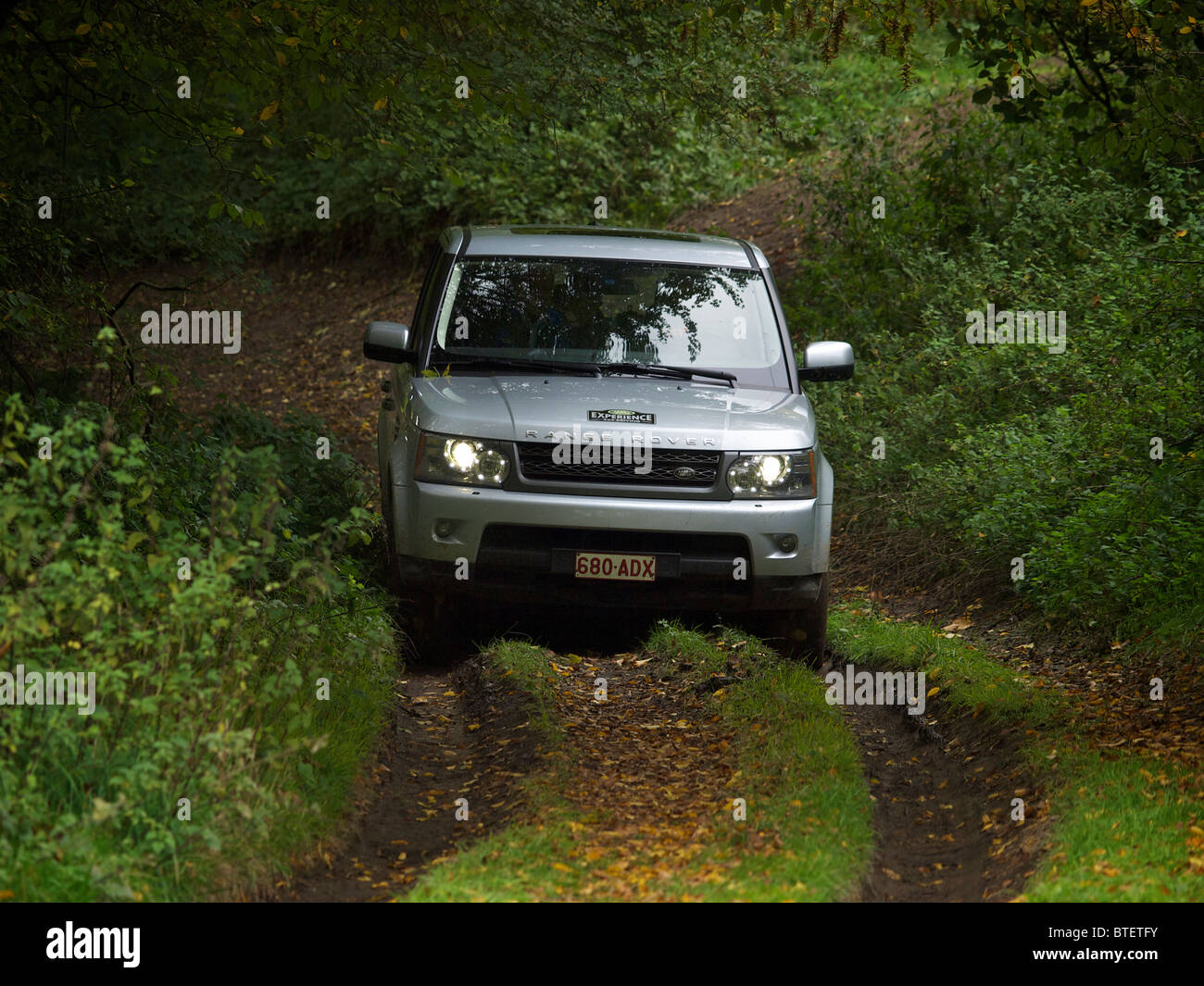 Range rover Sport driving offroad at the Domaine d'Arthey estate in Belgium Stock Photo