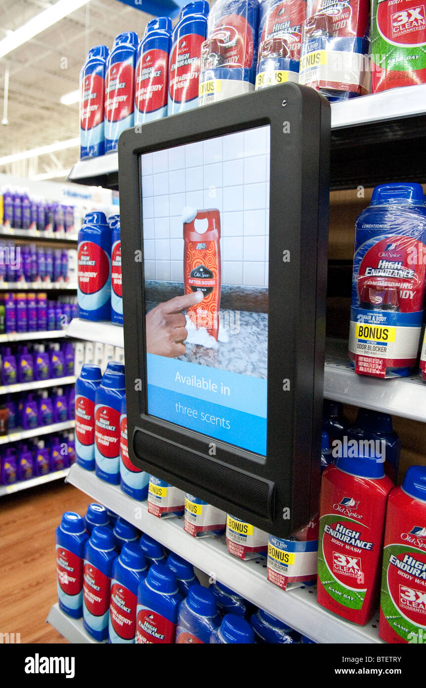 Digital signage markets Old Spice men's body wash on end-cap video display at Walmart store in Austin, Texas USA Stock Photo