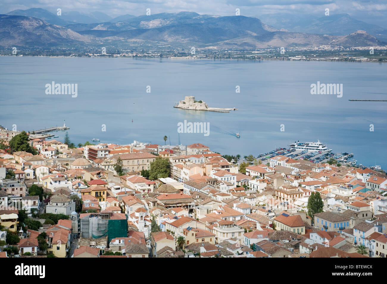 Nafplio, Greece. Elevated view of the old town and Bourtzi Fortress Stock Photo