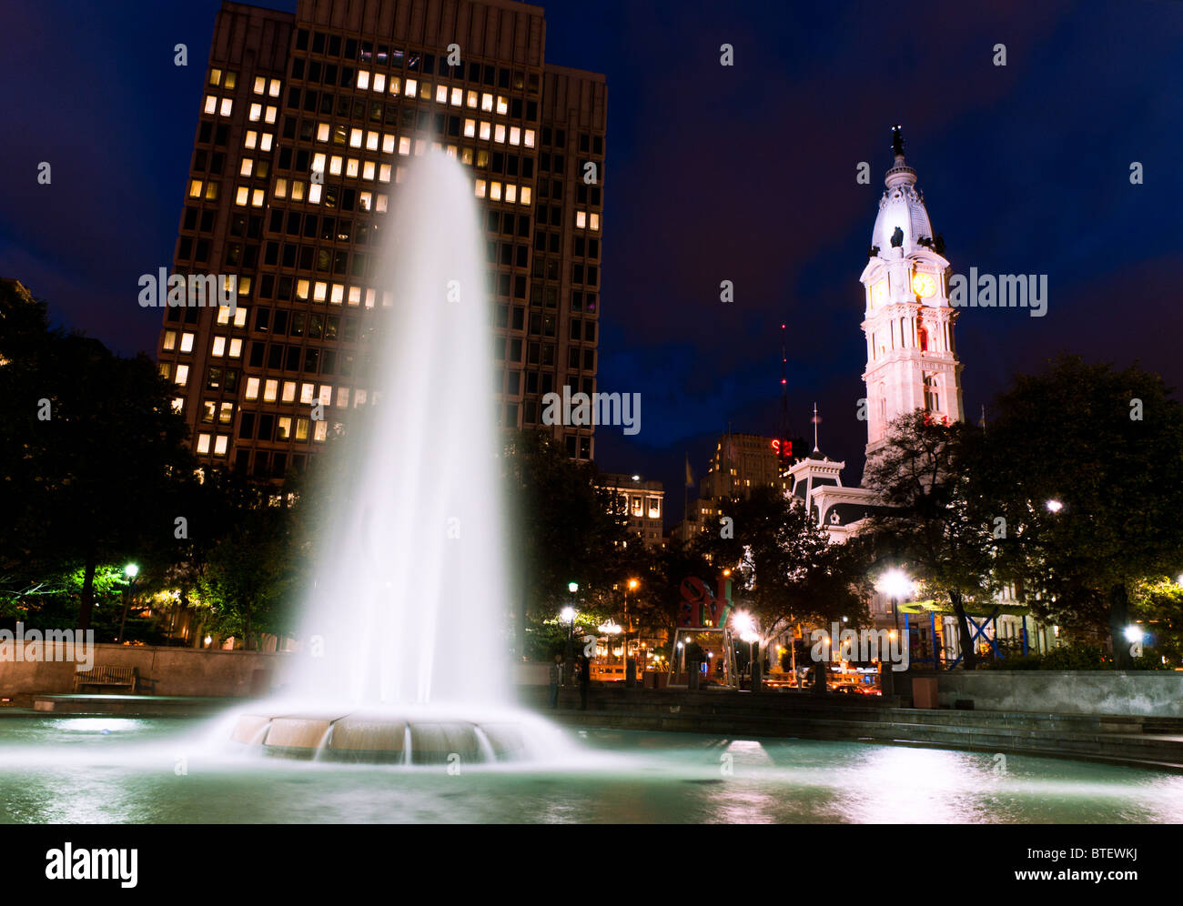 The fountain of Fairmount Park with the City Hall tower in the