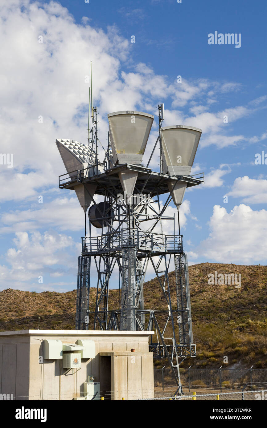 Old microwave antennae tower Stock Photo