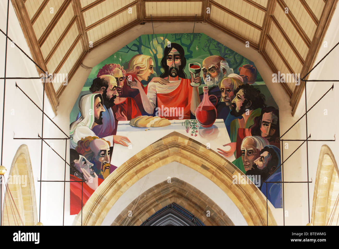 the last supper,Christ,Christianity,religion, painting on Church, murals,St. Andrew church,the largest church in England, Stock Photo