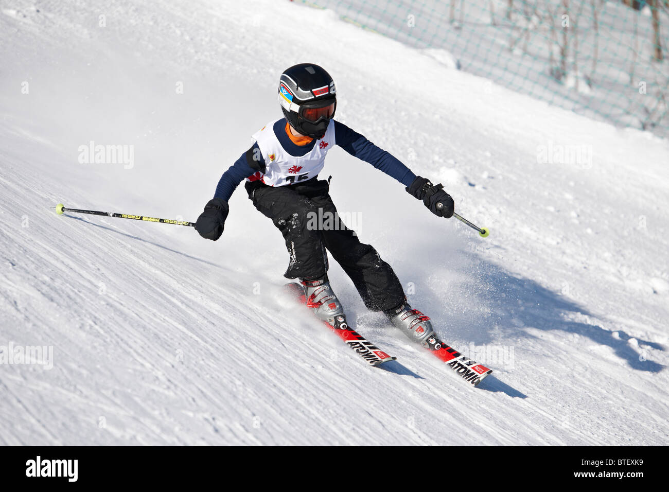 Boy from Nancy Green League ski racing, Hidden Valley, Huntsville, Ontario Stock Photo