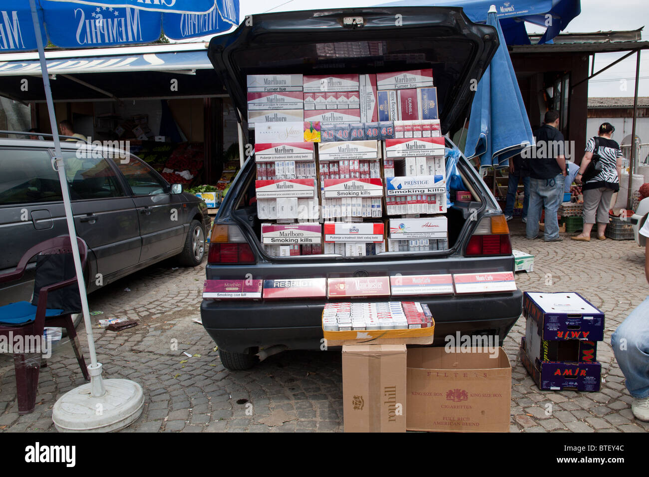 Cigarettes for sale in the back of a car in Pristina Kosovo Stock Photo