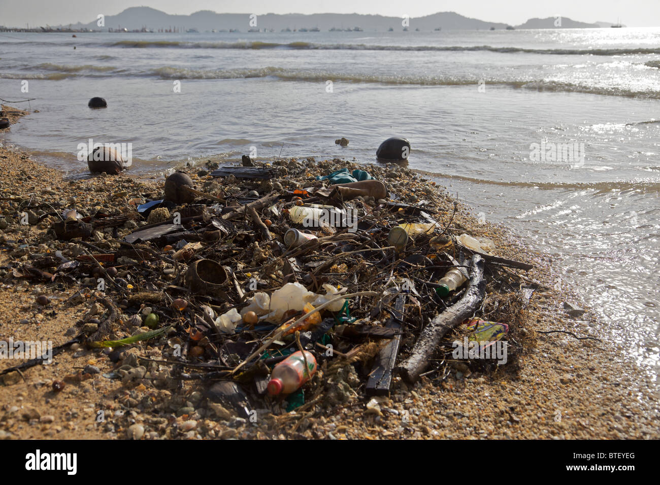 Rubbish that came in with the tide, Chalong bay Phuket Thailand Stock Photo