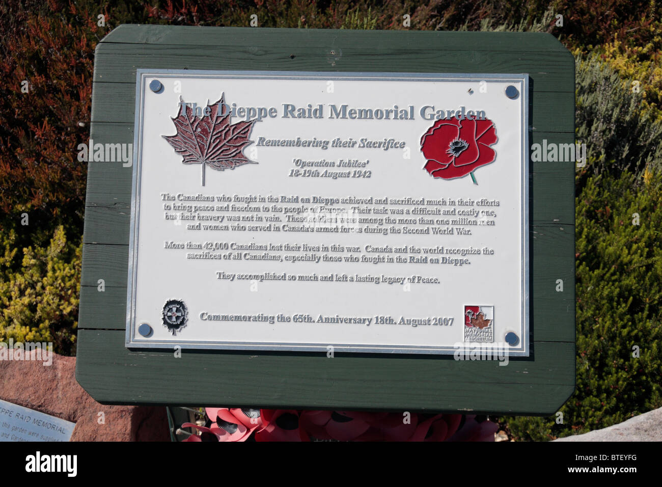 Commemorative plaque in the Dieppe Raid Memorial Garden at National Memorial Arboretum, Alrewas, UK. Stock Photo