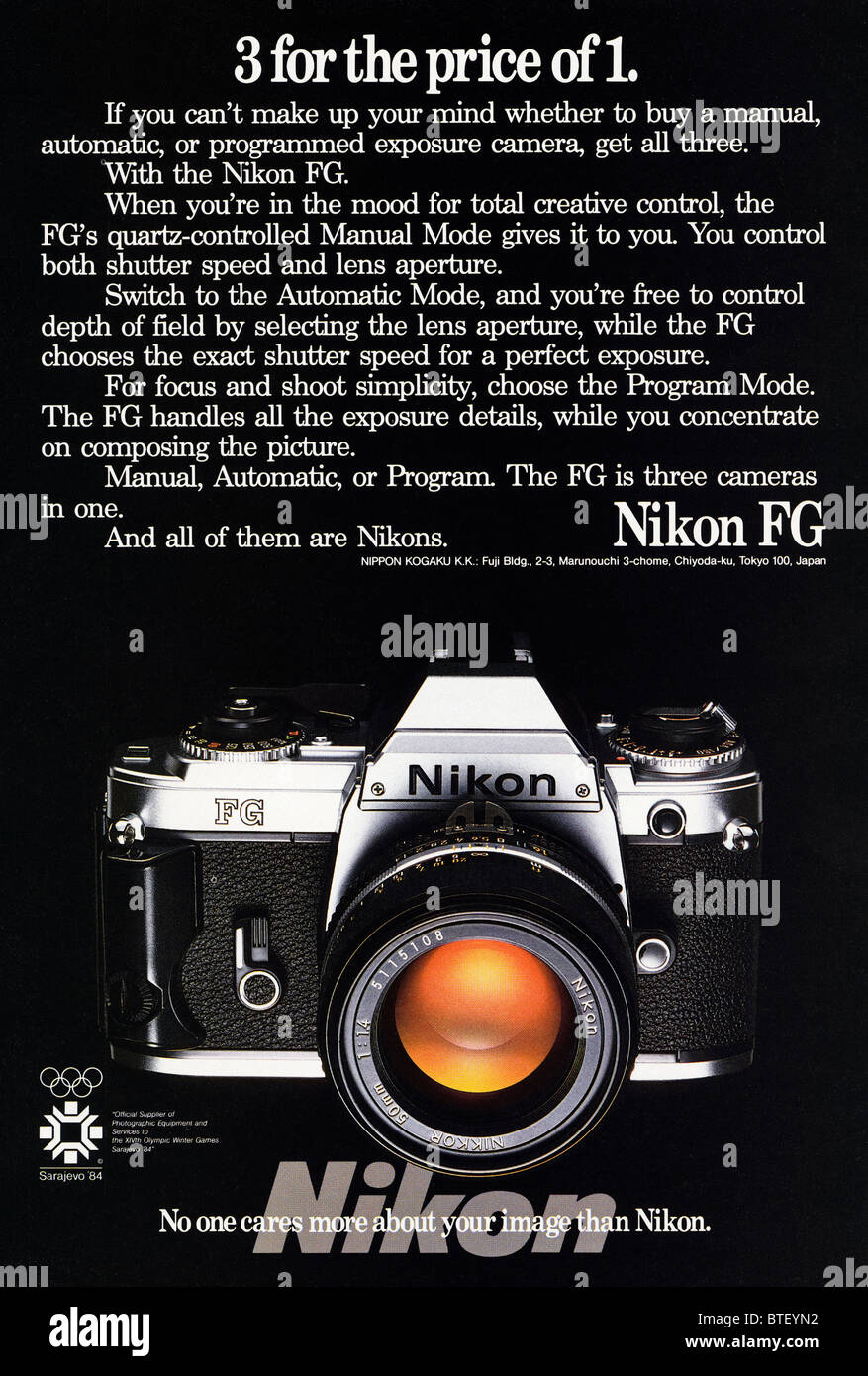 Colour advertisement for Nikon FG film camera in American magazine dated November 1983 Stock Photo