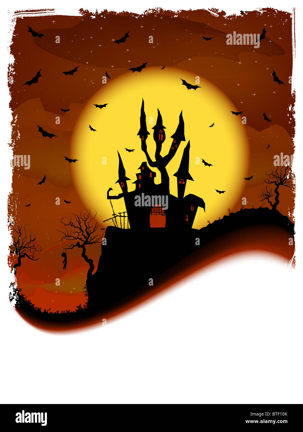 Haunted House on a Graveyard hill at night with full moon. Stock Photo