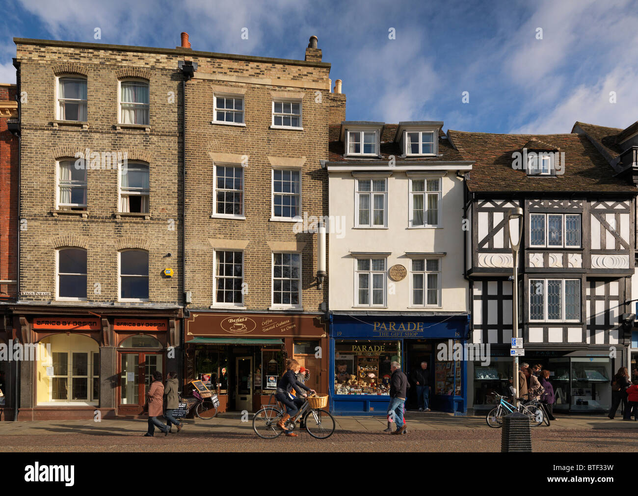 A group of shops and cafes in Kings Parade Cambridge Stock Photo