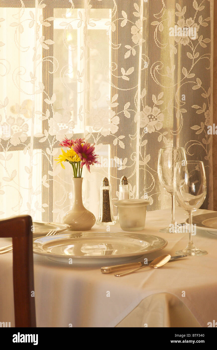 Table set for dinner at Joel Palmer House; Dayton, Yamhill County, Oregon. Stock Photo