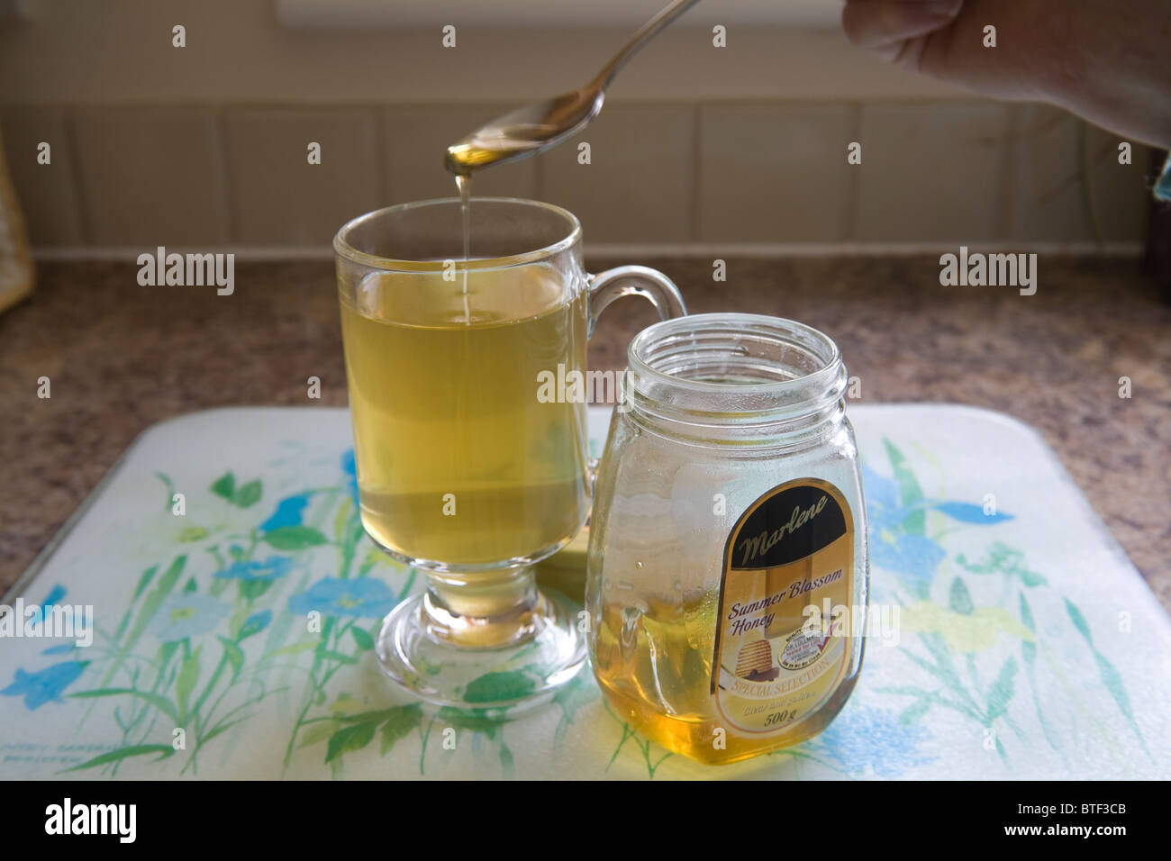 Close up spooning Summer Blossom Honey into a glass tumbler to sweeten green tea Stock Photo