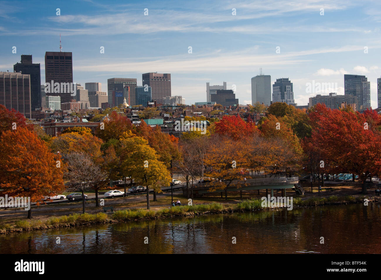A view over the Charles River of Boston in the fall Stock Photo