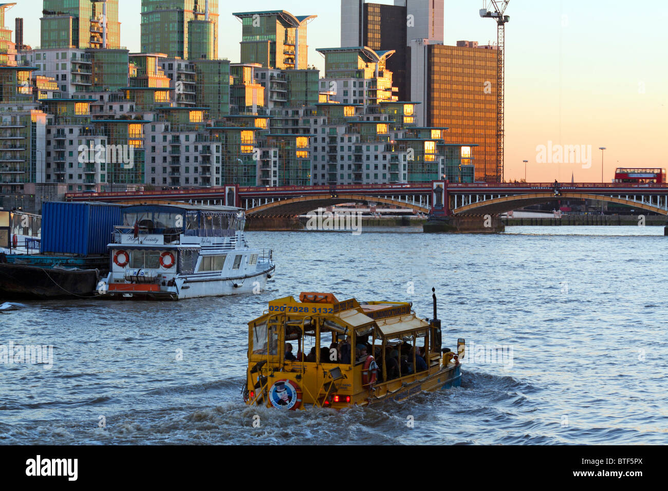 Duck Tours Amphibious Vehicle - River Thames - St Georges Wharf - London Stock Photo